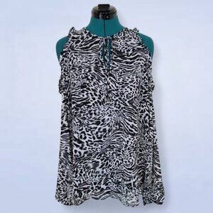 Michael Michael Kors Black Animal Print Colder Shoulder Blouse - Size‎ Large
